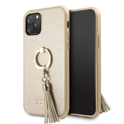 GUESS Saffiano iPhone 11 Pro gyűrűs kitámasztóval bézs kemény tok