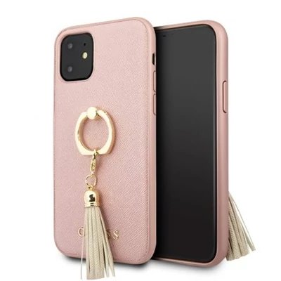 GUESS Saffiano iPhone 11 gyűrűs kitámasztóval rózsaszín kemény tok