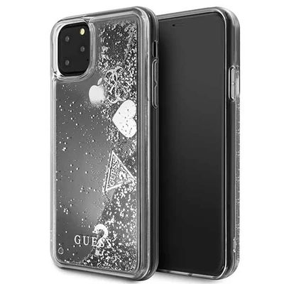 GUESS iPhone 11 Pro Max csillámos folyadékos szíves ezüst kemény tok