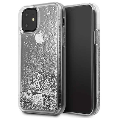 GUESS iPhone 11 csillámos folyadékos szíves ezüst kemény tok