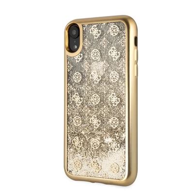 Guess iPhone XR arany csillámfolyadékos/rózsa mintás tok