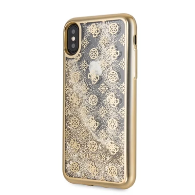 Guess iPhone X/XS rózsaarany csillámfolyadékos/rózsa mintás tok
