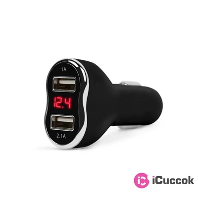 MNC 55054BK Autós szivargyújtó adapter 2xUSB feszültségmérővel és árammérővel fekete