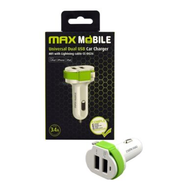 Max Mobile 3,4A univerzális 2xUSB fehér-zöld autós töltő + MFI Apple kábel
