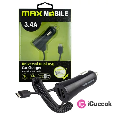 Max Mobile 3.4A univerzális 2xUSB fekete autós töltő Micro USB kábellel