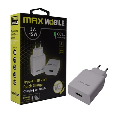Max Mobile QC 3.0 3A univerzális USB fehér hálózati gyorstöltő + USB Type-C kábel