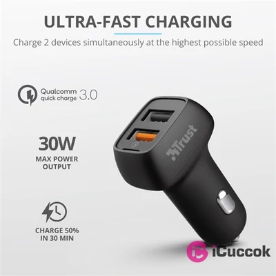 Trust Qmax Ultra-Fast Dual USB QC3 autós töltő okostelefonokhoz és tabletekhez 2 USB port 30W fekete