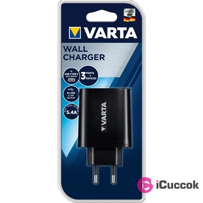 Varta 57958101401 univerzális 2x USB, Type C, 5,4 A fekete hálózati töltő