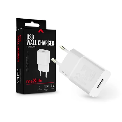 Maxlife USB hálózati töltő adapter - Maxlife MXTC-01 USB Wall Fast Charger - 5V/2,1A - fehér