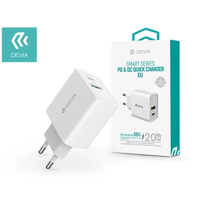 Devia hálózati töltő adapter Type-C + USB bemenettel - 20W - Devia Smart Series PD3.0 + QC3.0 - Qualcomm Quick Charge 3.0 - white