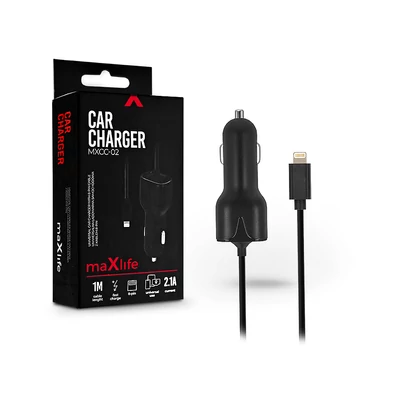 Maxlife lightning szivargyújtó töltő 1 m-es vezetékkel - Maxlife MXCC-02 Lightning Car Fast Charger - 5V/2,1A - fekete