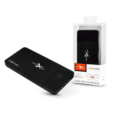 Univerzális hordozható, asztali akkumulátor töltő - Extreme EPB-12PD Power Bank - USB + Type-C + microUSB + PD + QC3.0 - 12.000 mAh - fekete