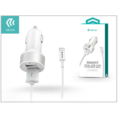 Apple iPhone Lightning szivargyújtós töltő adapter + lightning adatkábel - 5V/2,4A - Devia Smart Dual Car - white