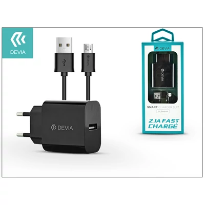 Devia Smart USB hálózati töltő adapter + micro USB kábel 1 m-es vezetékkel - Devia Smart USB Fast Charge for Android - 5V/2,1A - black