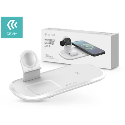 Devia Qi univerzális vezeték nélküli töltő állomás - 15W - Devia V.5 3in1 Wireless Charger for Smartphone + Apple Watch + Earphone - white 