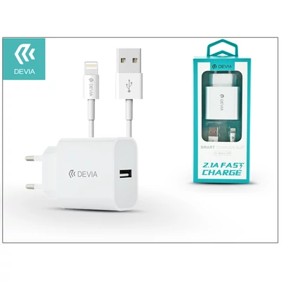 Apple iPhone 5/5S/5C/SE/6S/6S Plus USB hálózati töltő adapter + lightning adatkábel 1,2 m-es vezetékkel - 5V/2,1A - Devia Smart Fast Charger Suit - white