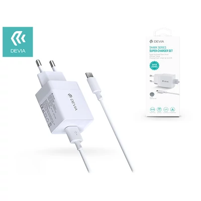 Devia hálózati töltő adapter + USB Type-C kábel - 5V/4,5A - Devia Shark Series Super-Charger Set - white - Huawei SuperCharge töltés
