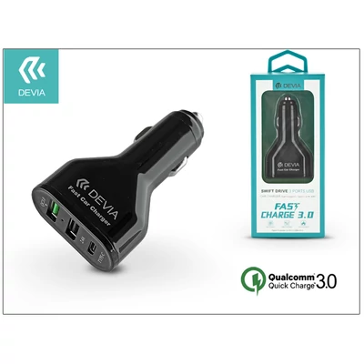 Devia szivargyújtós töltő adapter 2xUSB+Type-C bemenettel - 5V/3A/2,4 - Devia Swift Drive 3 Port USB Quick Charge - Qualcomm Quick Charge 3.0 - black