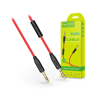 3,5 - 3,5 mm jack audio kábel 1 m-es vezetékkel, beépített mikrofonnal, vezérlővel - HOCO UPA12 Aux Audio Cable - piros/fekete