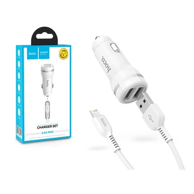 Apple iPhone Lightning szivargyújtós töltő adapter + lightning adatkábel - 5V/2,4A - HOCO Z27 Dual USB Car Charger + Cable - fehér