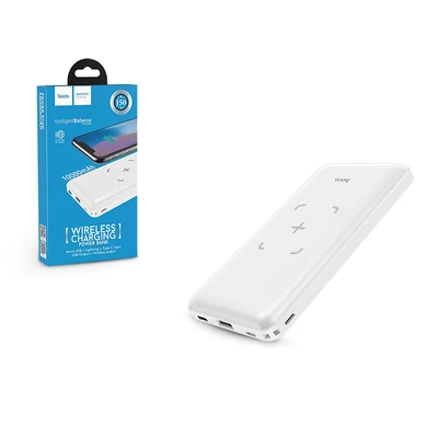 Univerzális hordozható, asztali akkumulátor töltő - HOCO J50 Power Bank - Type-C+ microUSB + Lightning +Wireless Charging - 10.000 mAh - fehér
