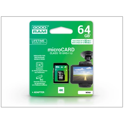 64 GB microSDXC™ UHS-I U3 Class 10 4K memóriakártya 95/90 + SD adapter - Goodram M3AA UltraSpeed