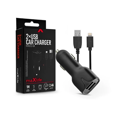 Maxlife 2xUSB szivargyújtó töltő adapter 1 m-es lightning vezetékkel - Maxlife MXCC-01 Lightning 2xUSB Car Fast Charger - 5V/2,4A - fekete