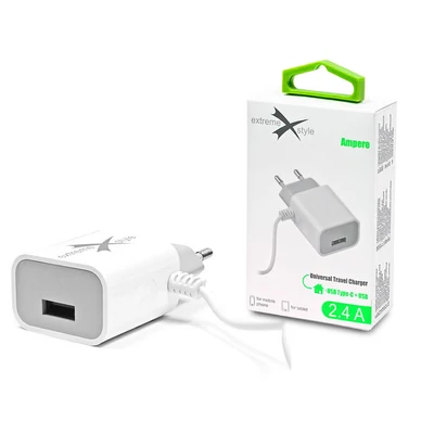 Extreme hálózati töltő Type-C kábellel + USB csatlakozóval - 5V/2.4A - Extreme LAD0243 - fehér