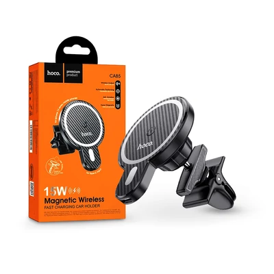 HOCO Qi vezeték nélküli, szellőzőrácsba illeszthető autós tartó/gyorstöltő MagSafe vezeték nélküli funkcióval rendelkező Apple készülékekhez - HOCO CA85 - fekete