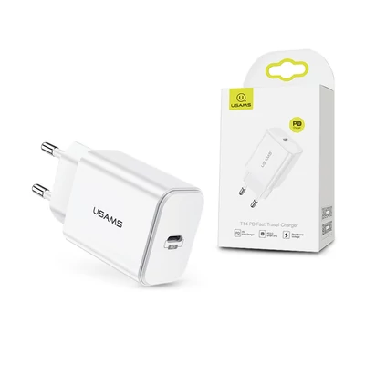 Usams hálózati töltő adapter Type-C bemenettel - 5V/3A - Usams T14 PD Fast Travel Charger QC 3.0 - 18 W - fehér