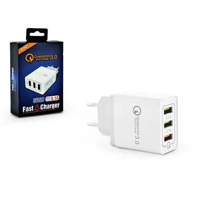 Qualcomm 3xUSB hálózati gyorstöltő adapter - 5V/5,1A - Qualcomm Quick Charge 3.0 - fehér 