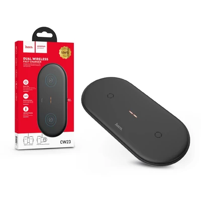 HOCO Qi univerzális vezeték nélküli töltő állomás - 5V/3A - HOCO CW23 Dual 2in1 Wireless Charger - fekete - Qi szabványos